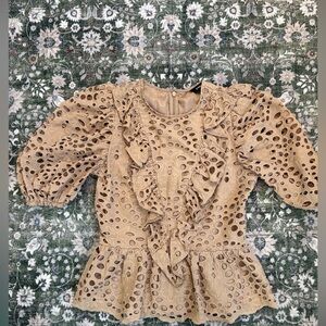 Tan Eyelet Ruffle Peplum Top - Women
